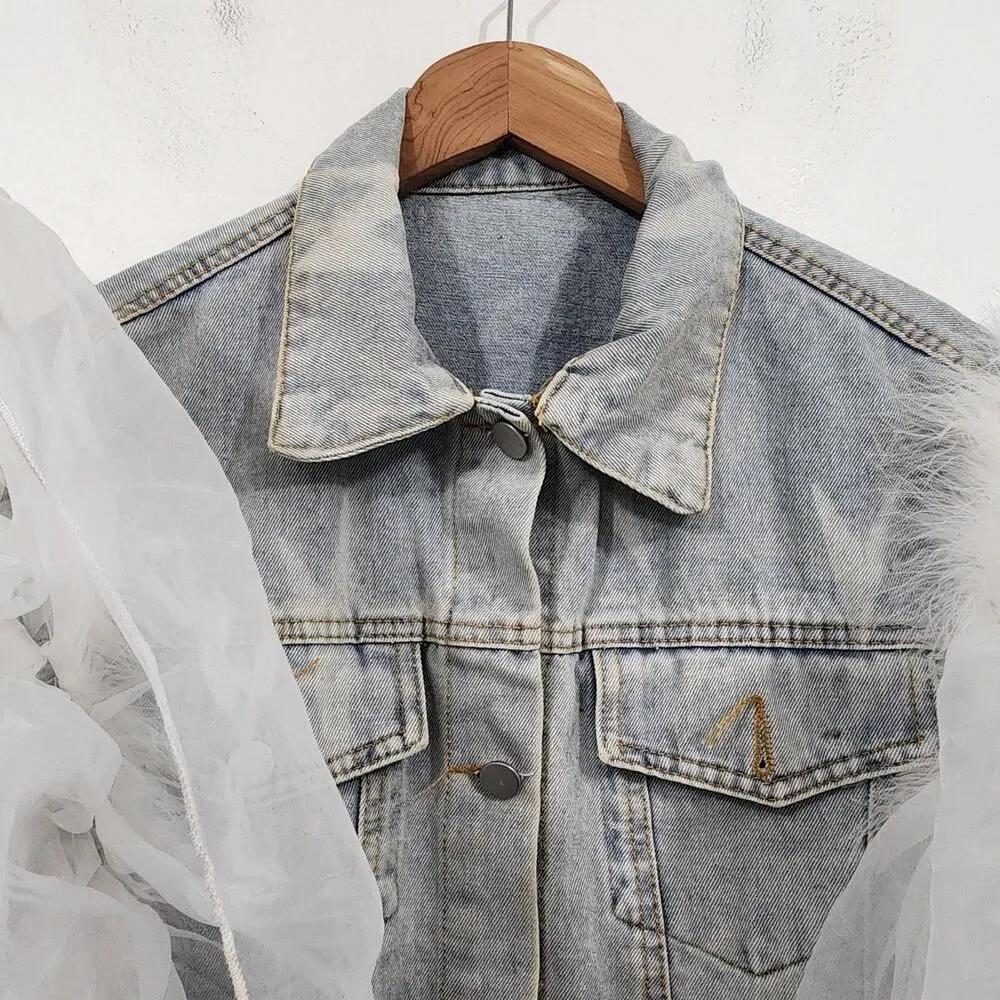 Upclycled Bujtton-front denim vest oversized white tulle ruffle sleeves Size L - Picture 10 of 16